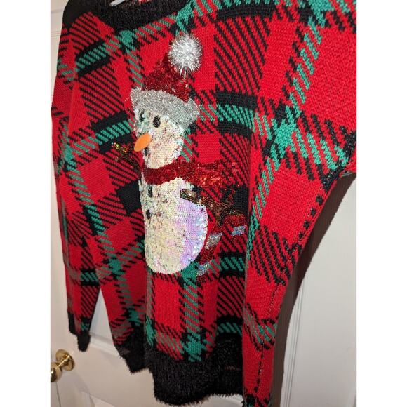 Womens Ugly Christmas Sweater 33 degrees Plaid Sequin Snowman Holiday Size Large - Picture 5 of 11